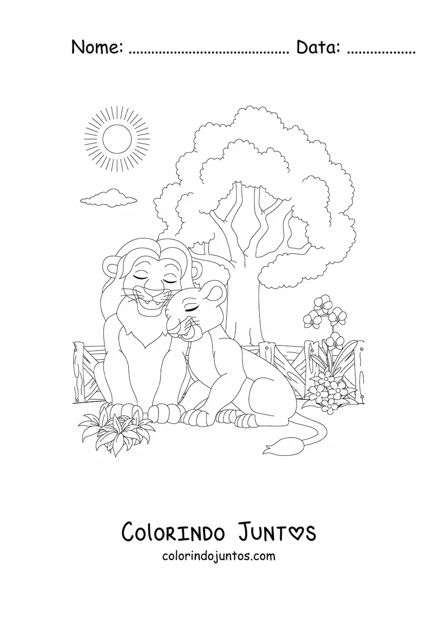 Desenho para colorir de um casal de leoes apaixonados juntos no zoologico