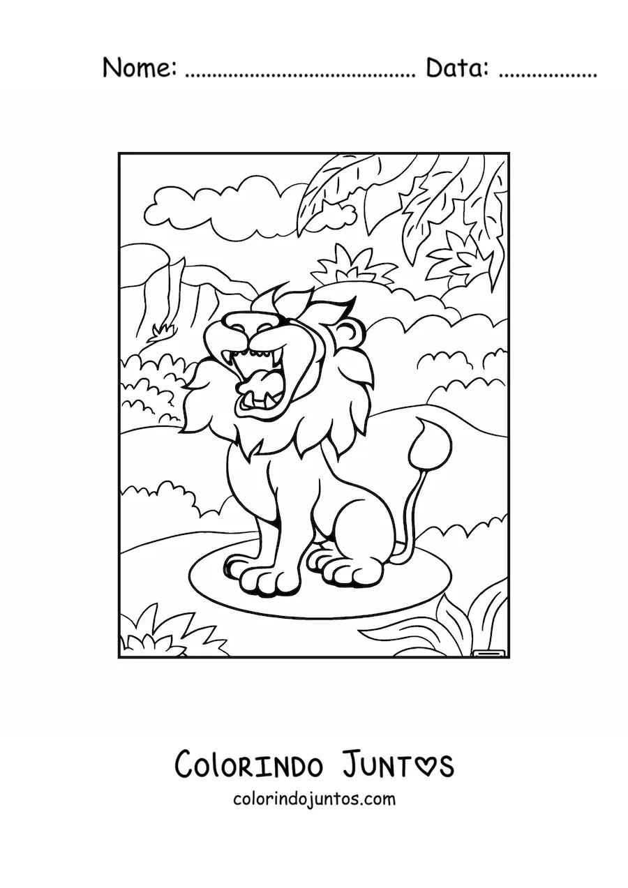 Desenho para colorir de um leao feroz rugindo em seu habitat