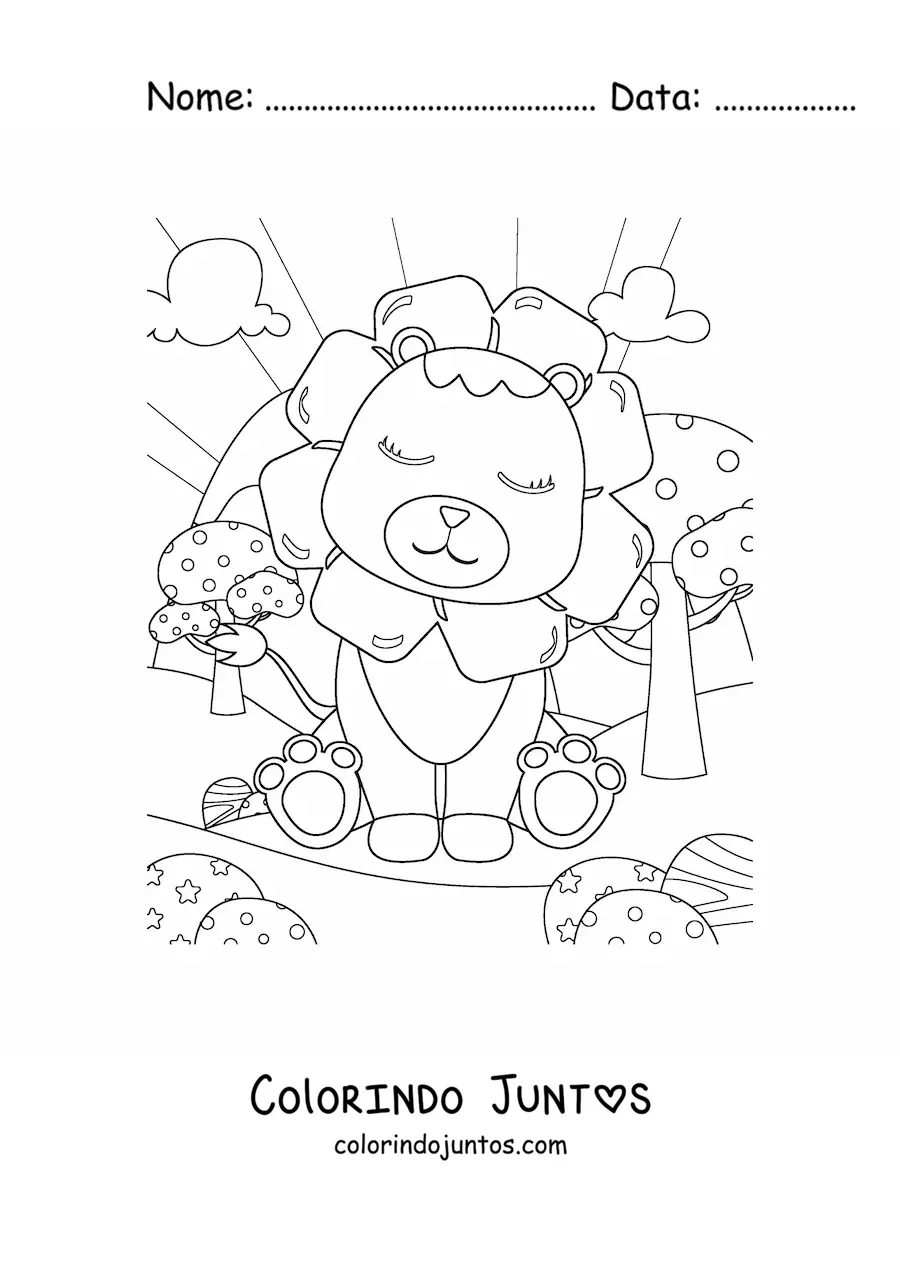 Desenho para colorir de um leao fofo com juba florida sentado com os olhos fechados de costas para o Sol