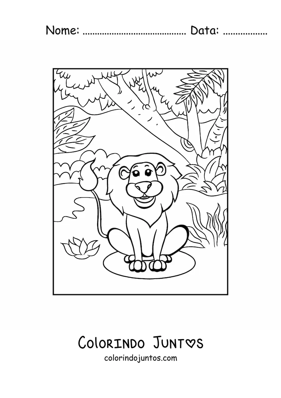Desenho para colorir de um leao sorridente sentado em meio a vegetacao da selva