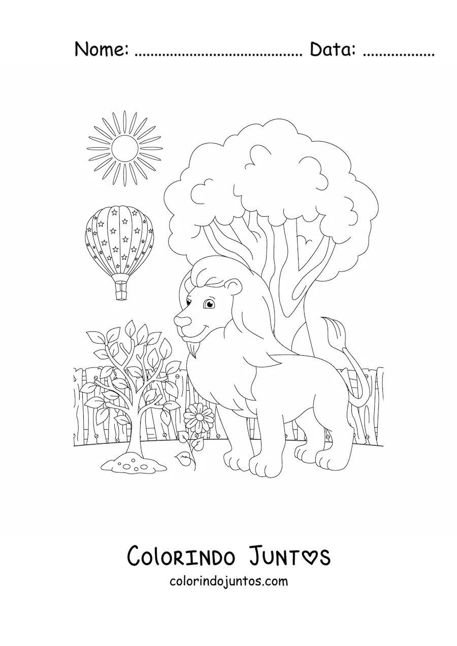 Desenho para colorir de uma paisagem de zoologico com um leao grande e um balao de ar quente