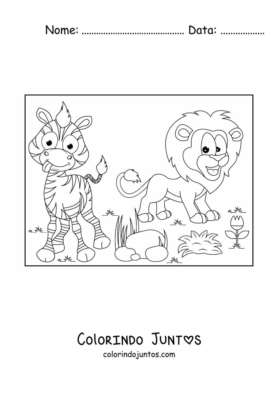 Desenho para colorir de um desenho de um leao e uma zebra engracada
