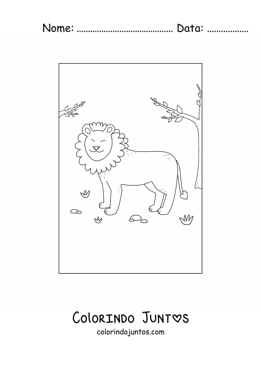 Desenho para colorir de um leao fofo e sorridente em seu habitat natural