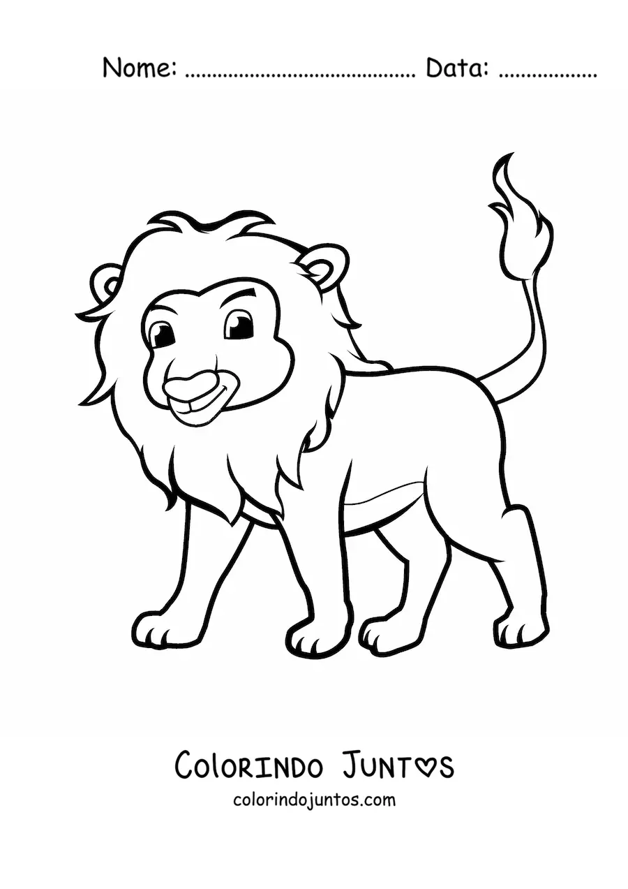 Desenho para colorir de um leao animado em pe sobre as quatro patas