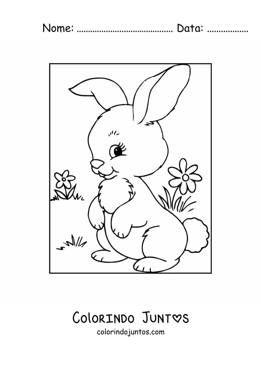 Desenho para colorir de um coelhinho fofo em um prado com flores