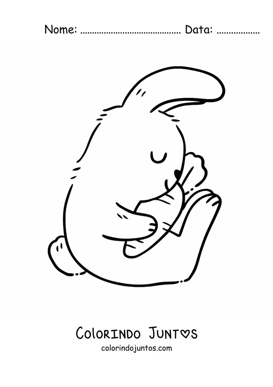 Desenho para colorir de um coelho grande sentado abracando uma cenoura