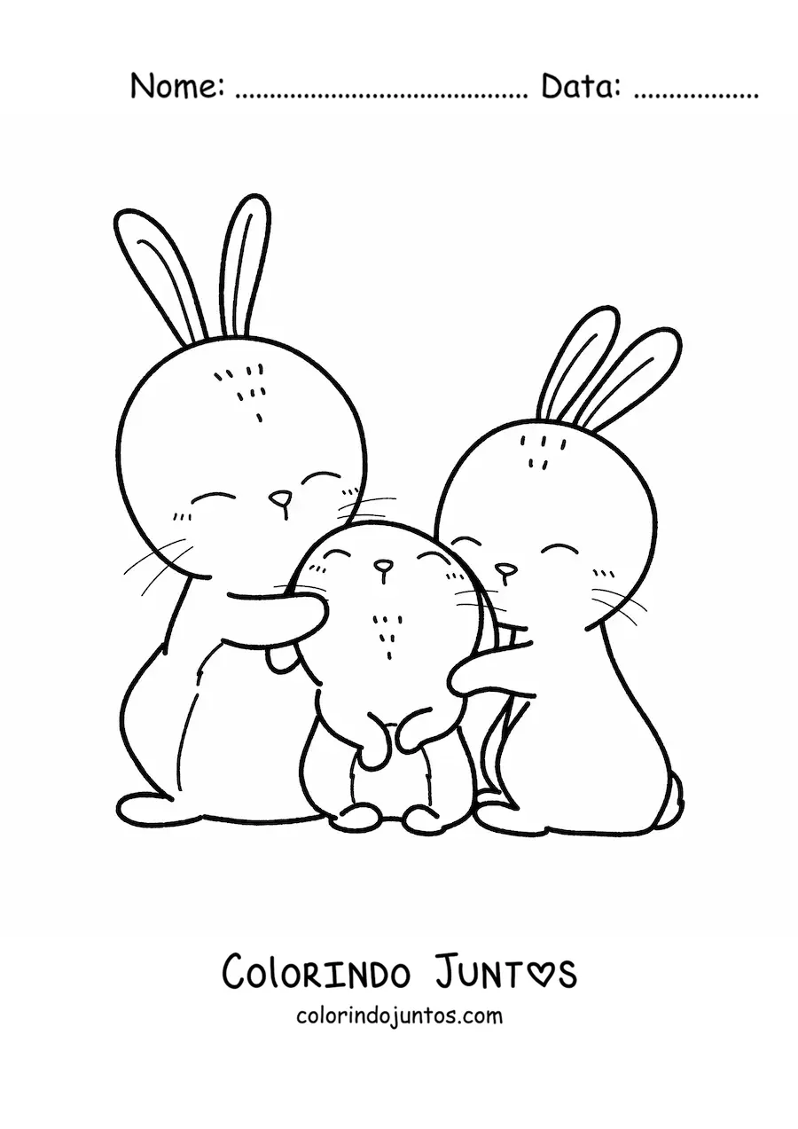 Desenho para colorir de uma familia de tres coelhos fofos abracados