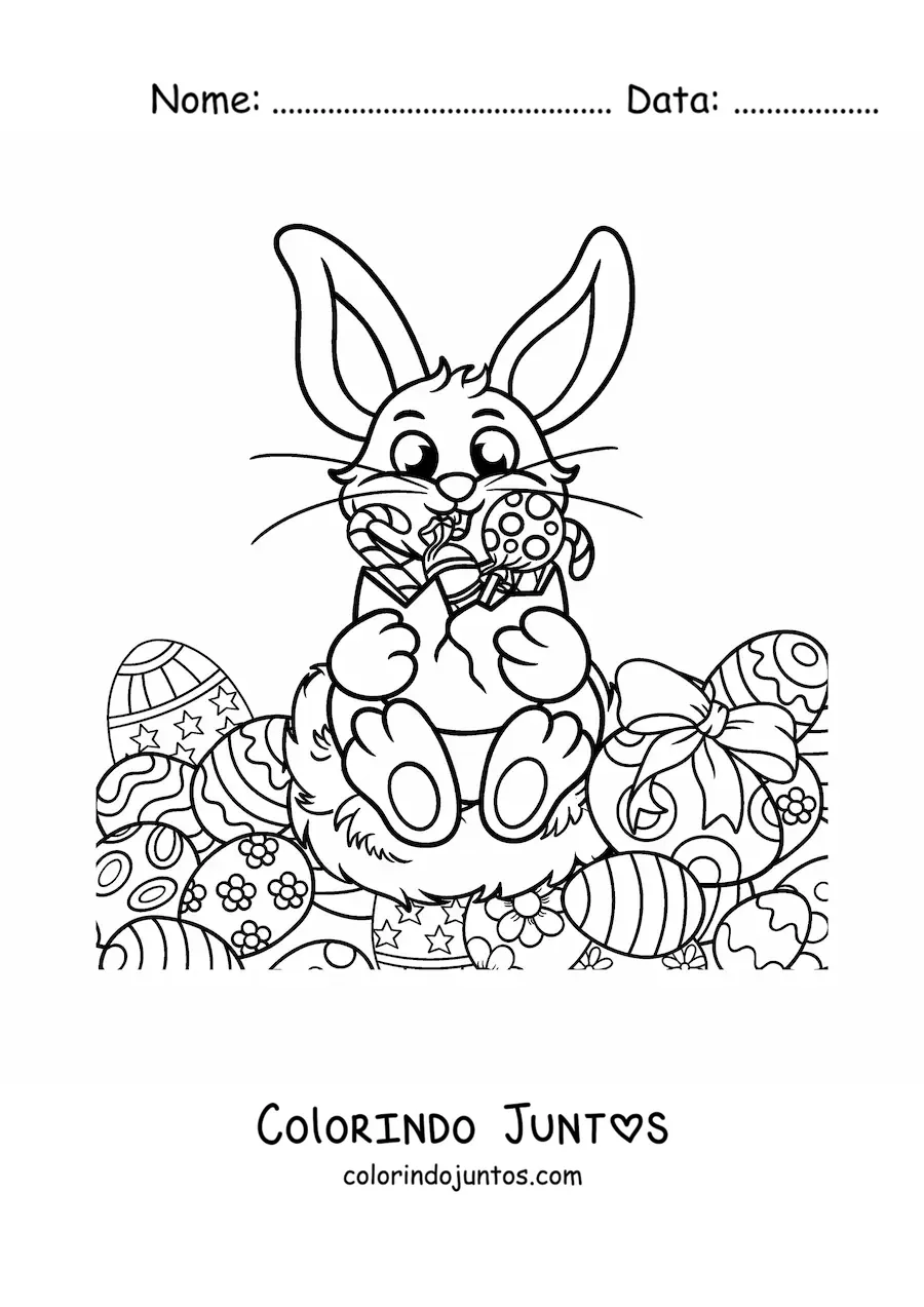 Desenho para colorir de um coelho animado segurando ovos de pascoa e cercado de ovos de pascoa