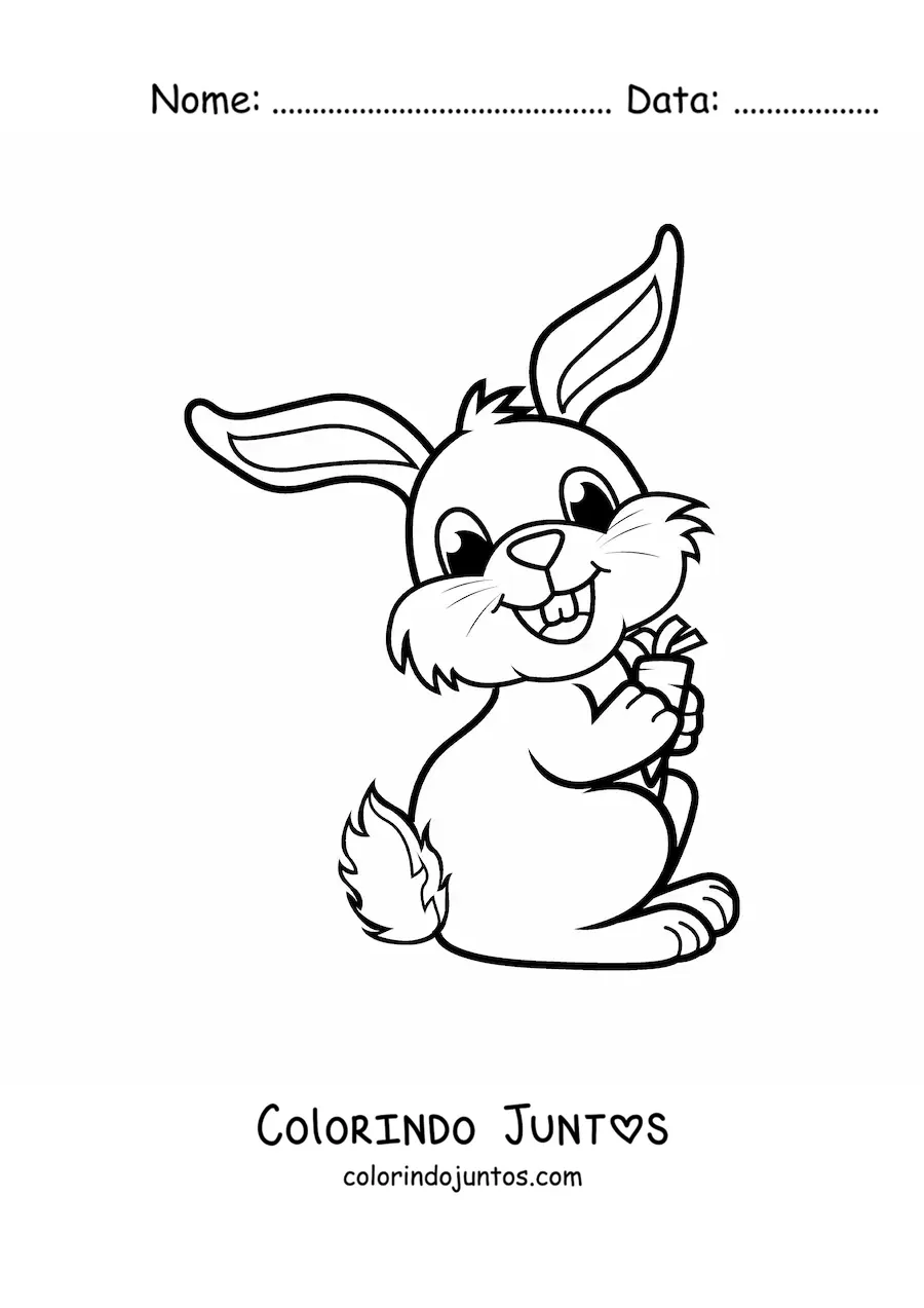 Desenho para colorir de um coelho engracado sorrindo segurando uma cenoura