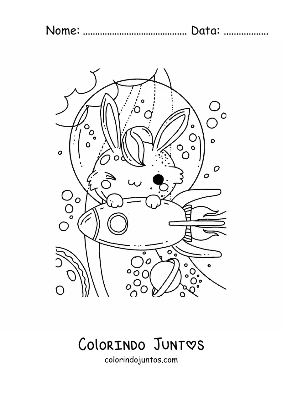 Desenho para colorir de um coelho animado preso a um foguete no espaco
