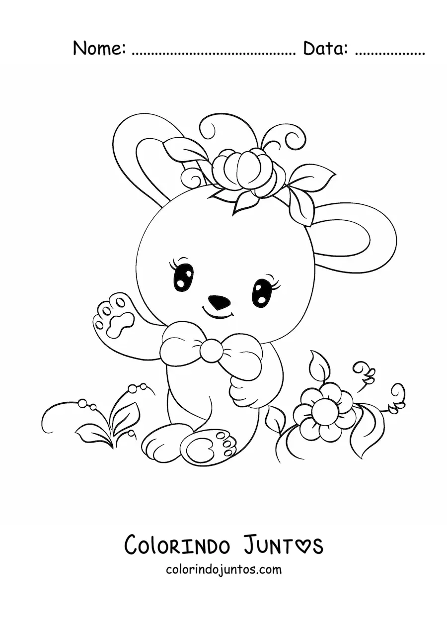 Desenho para colorir de um coelho kawaii animado cercado de flores