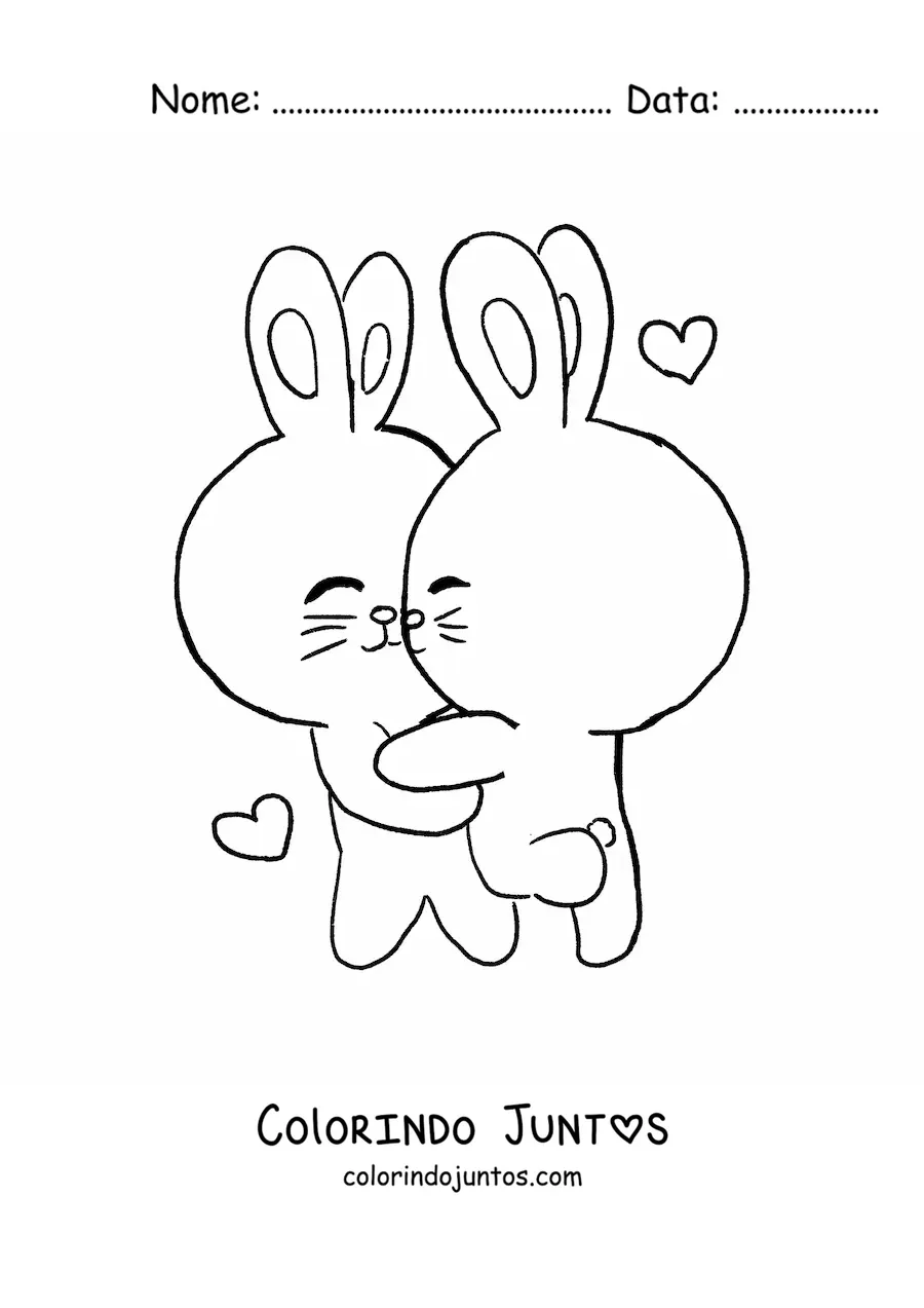 Desenho para colorir de dois coelhos fofos se abracando com coracoes flutuantes