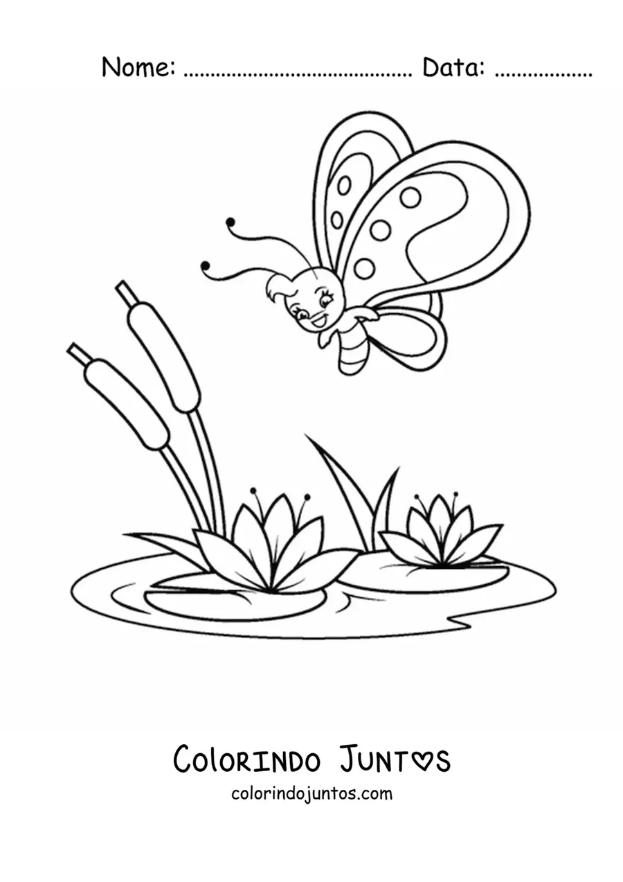 Desenho para colorir de uma borboleta animada voando em direcao a umas flores de nenufar