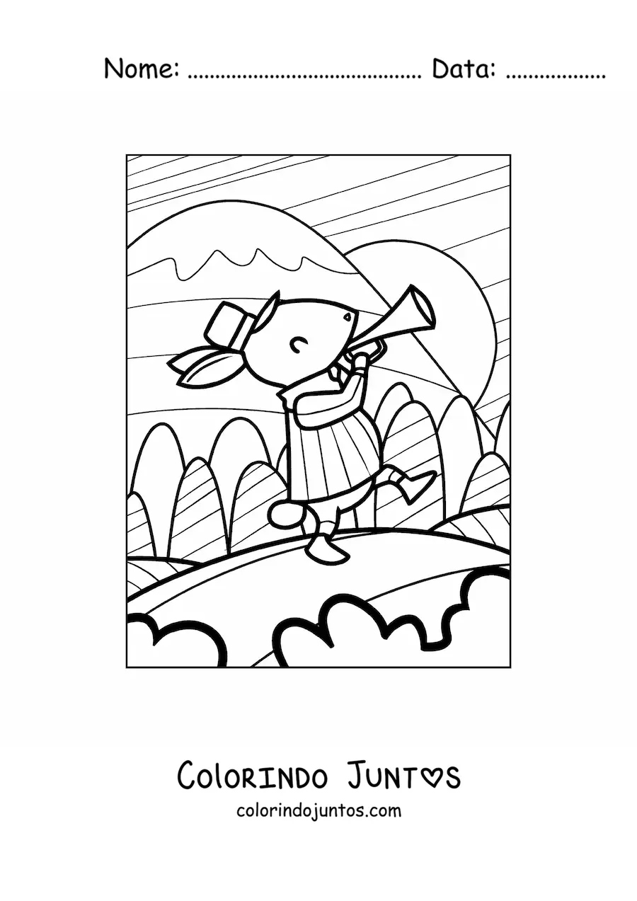 Desenho para colorir de um desenho de um coelho caminhando tocando trompete