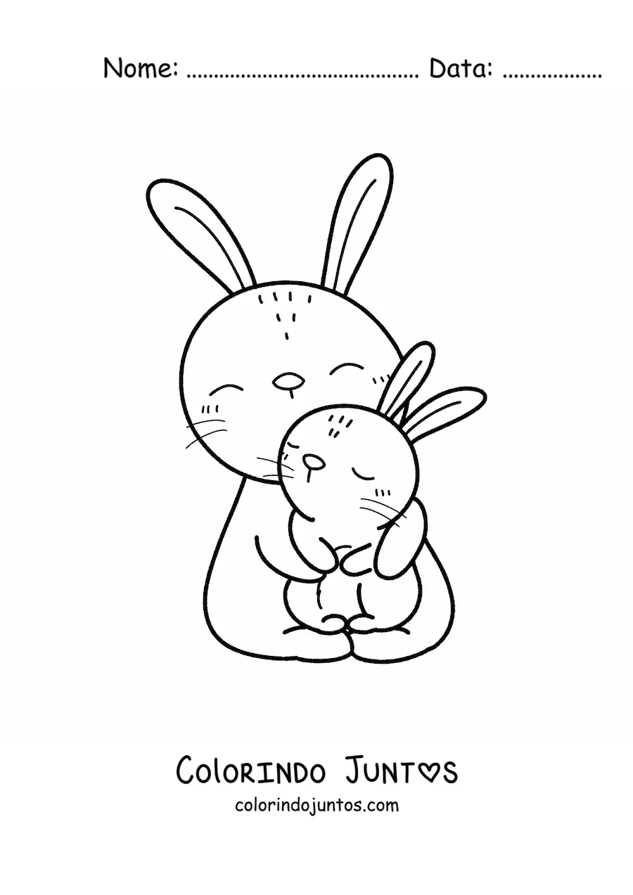 Desenho para colorir de uma mamae coelha fofa abracando seu filhote