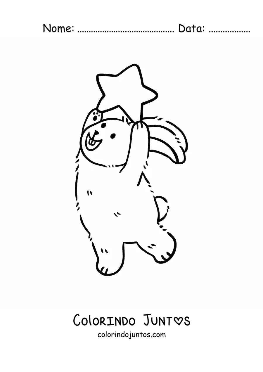 Desenho para colorir de um coelho animado em duas patas segurando uma estrela sobre a cabeca