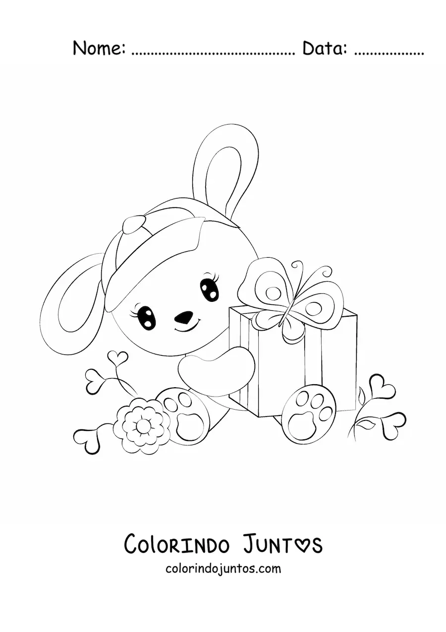 Desenho para colorir de um coelho kawaii sentado segurando um presente cercado de flores