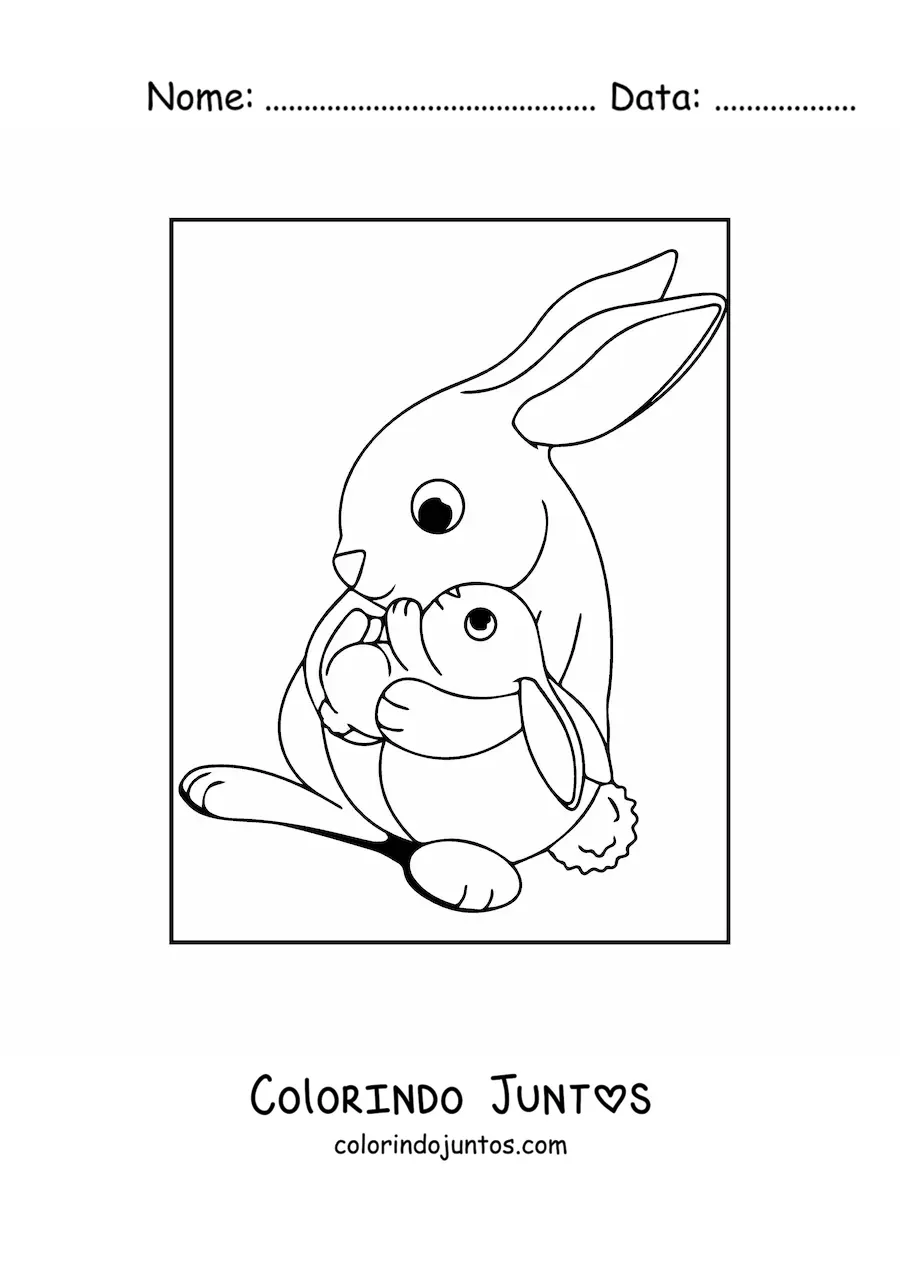 Desenho para colorir de uma mamae coelha segurando um coelho bebe nos bracos