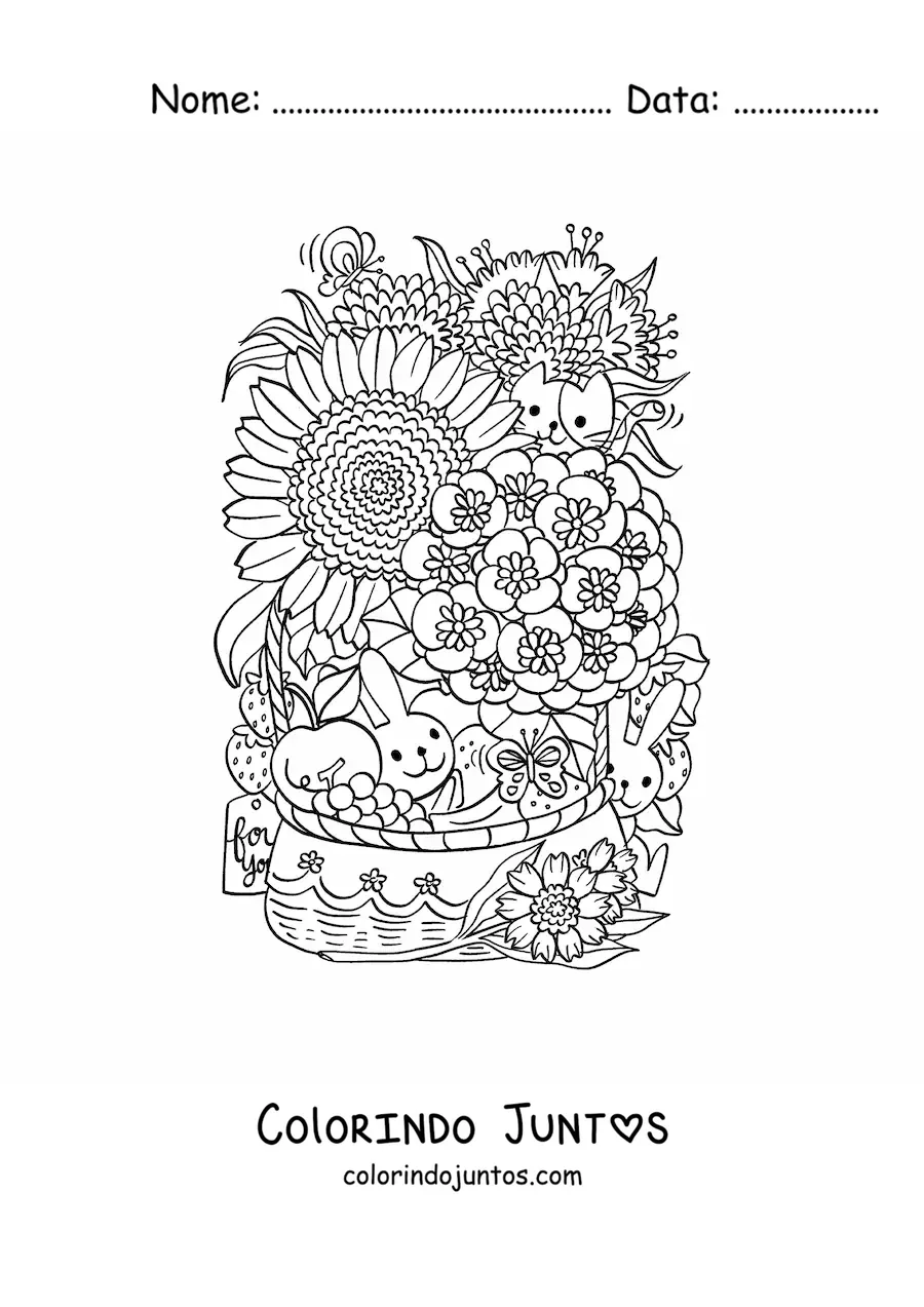 Desenho para colorir de dois coelhos animados pequenos em uma cesta de flores com um gato