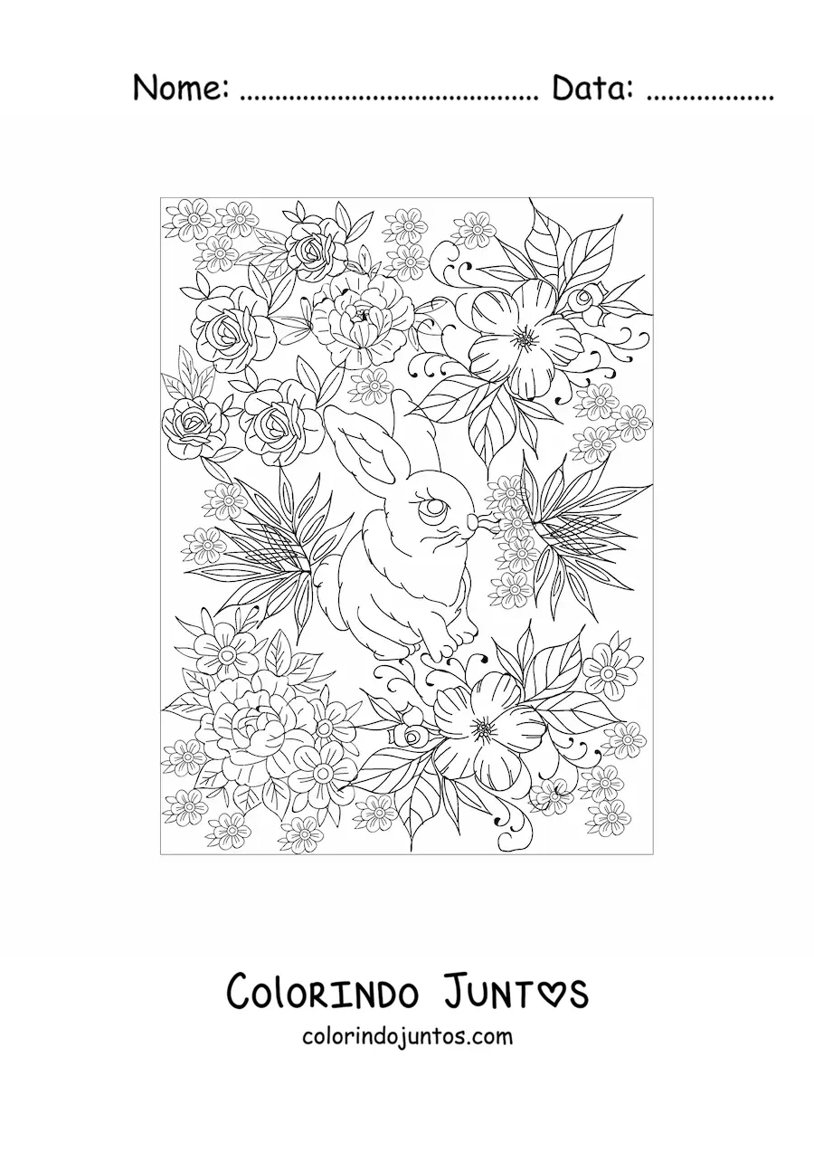 Desenho para colorir de um coelho pequeno de olhos grandes cercado de flores