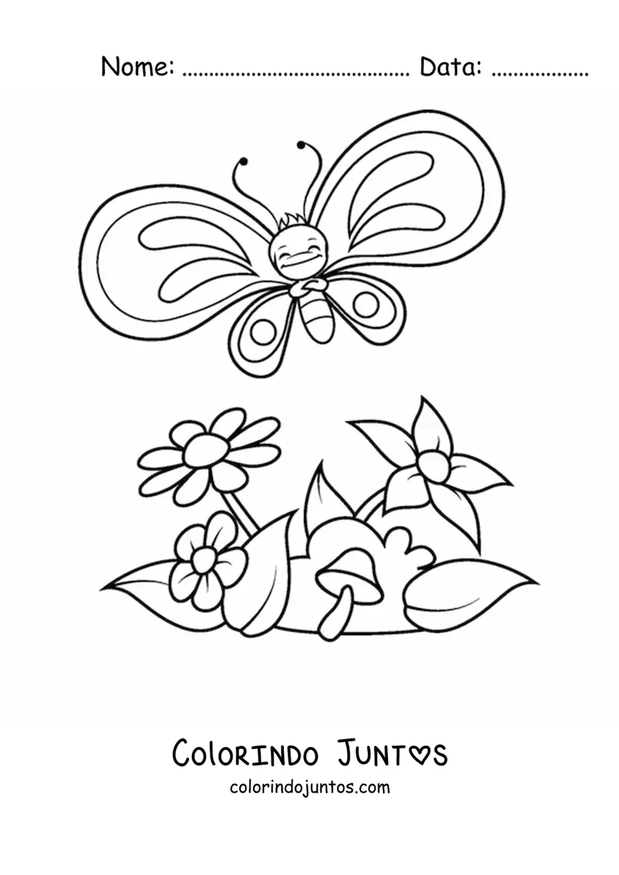 Desenho para colorir de uma borboleta animada alegre voando sobre varias flores