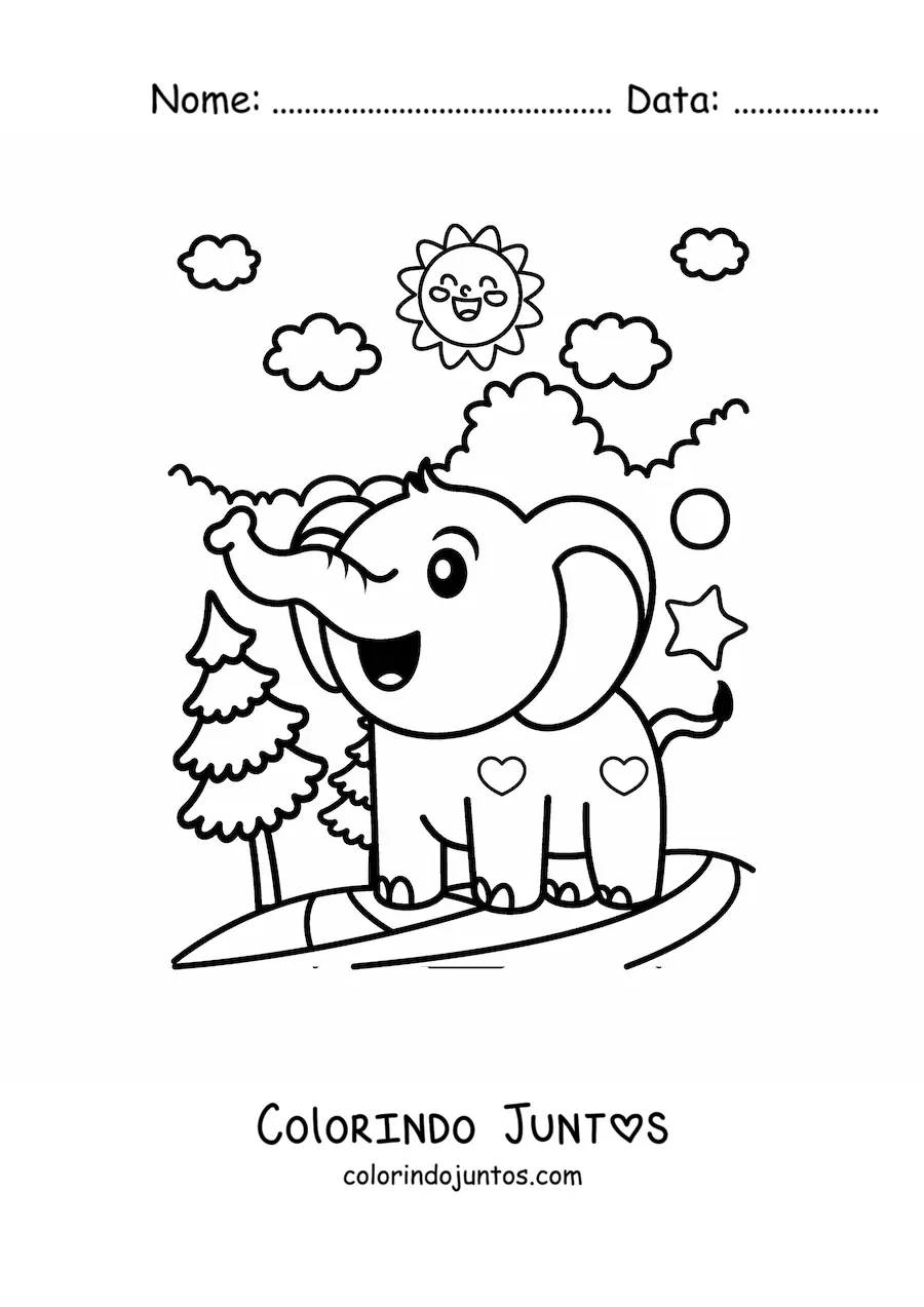 Desenho para colorir de um elefante bebe kawaii com estrelas e coracoes em uma paisagem de selva