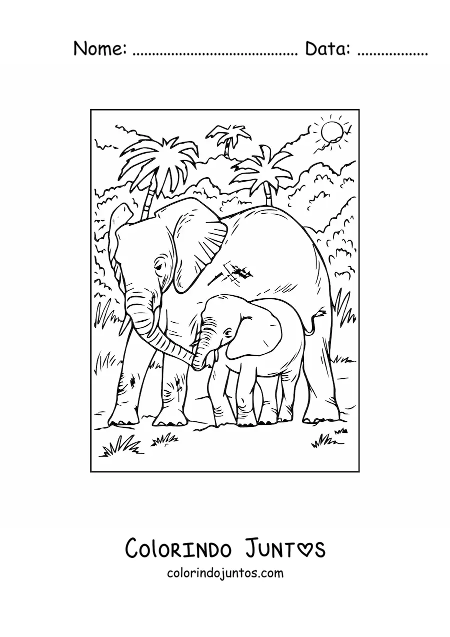 Desenho para colorir de uma mamae e um bebe elefante realista caminhando na selva