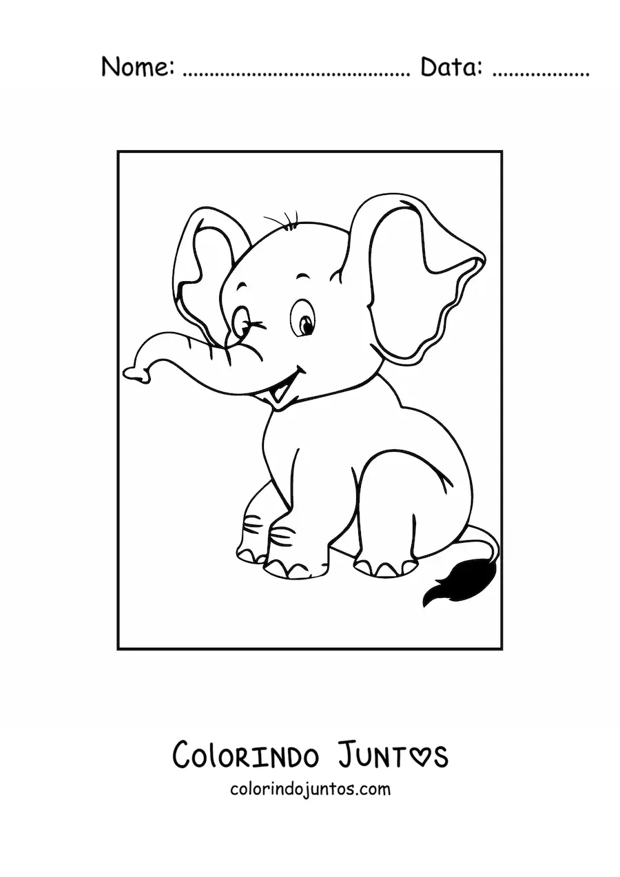 Desenho para colorir de um bebe elefante fofo sentado e sorridente