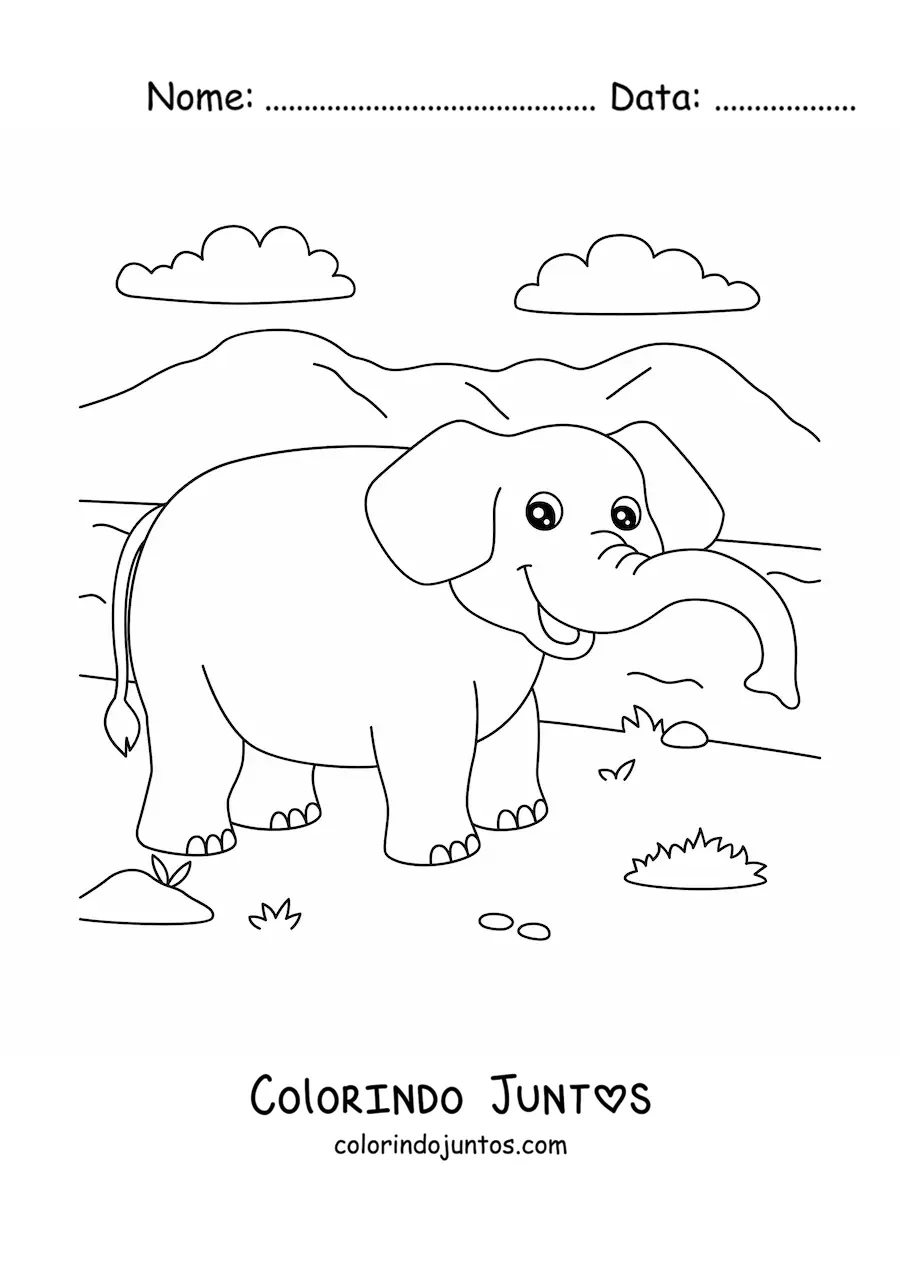 Desenho para colorir de um elefante animado caminhando na savana