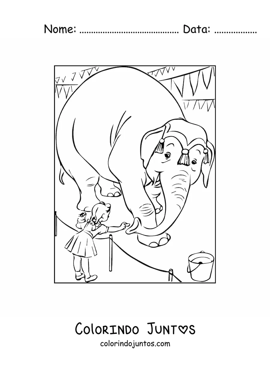 Desenho para colorir de uma menina alimentando um elefante de circo