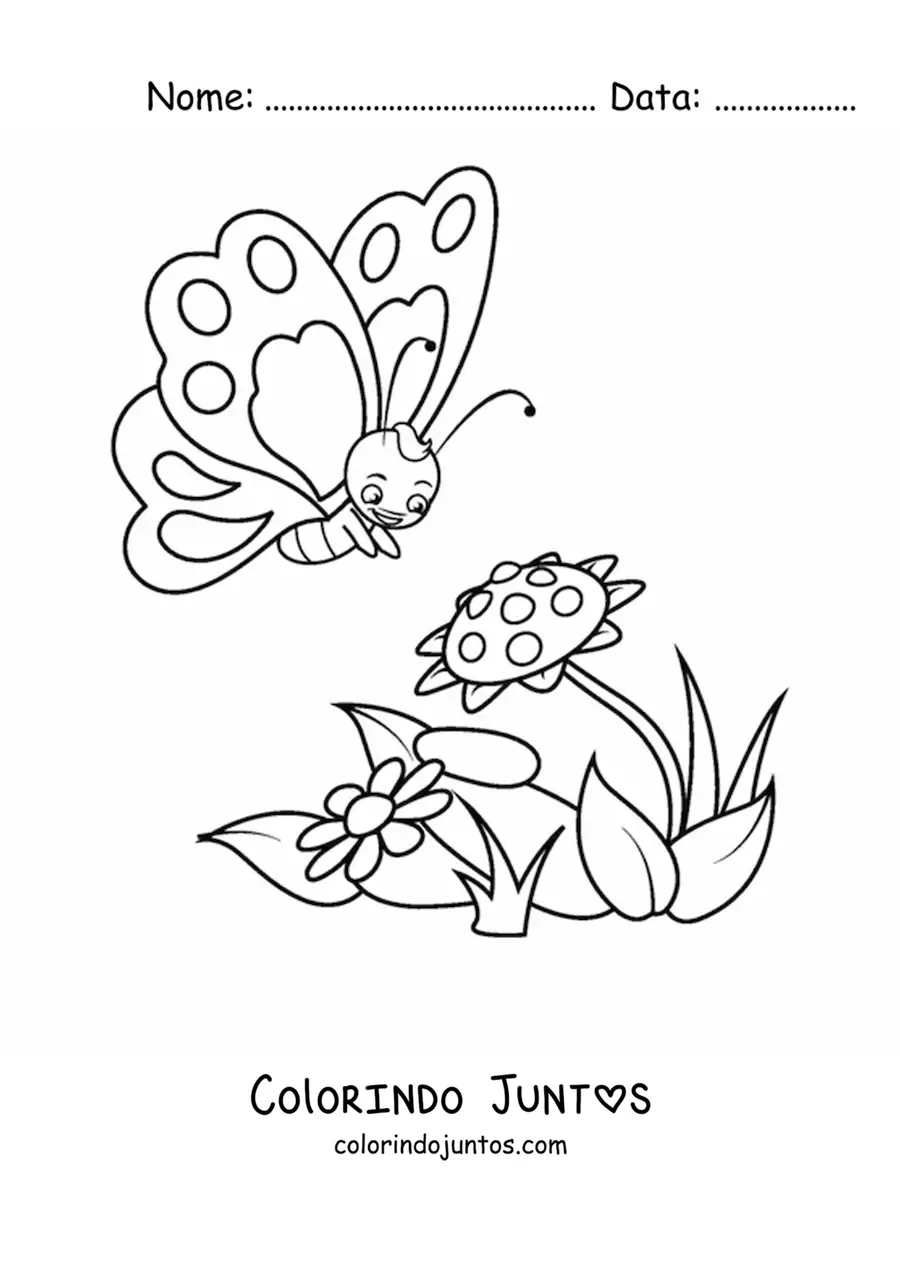 Desenho para colorir de uma borboleta animada se aproximando de duas flores