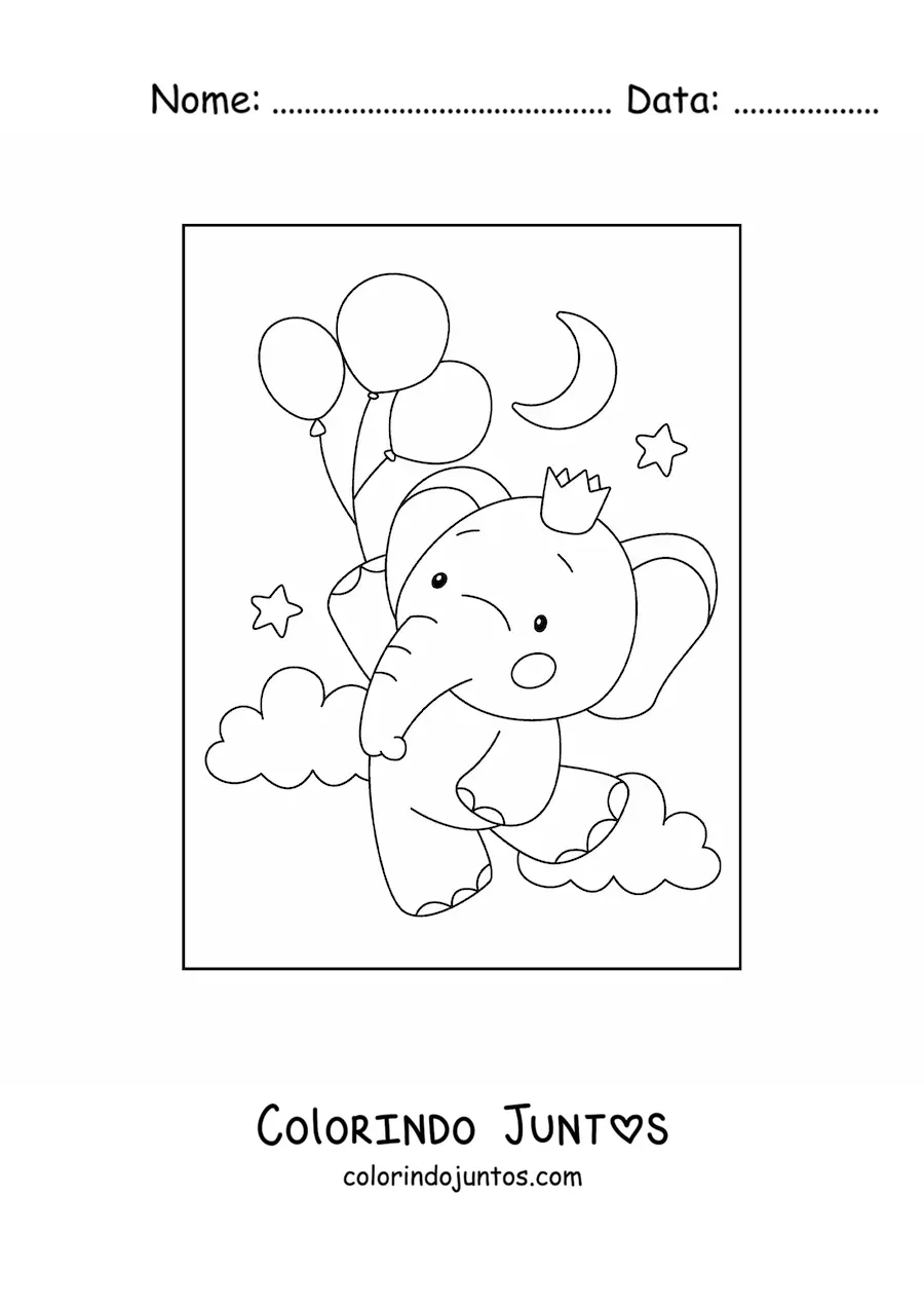 Desenho para colorir de um elefante bebe kawaii com uma coroa flutuando preso a uns baloes