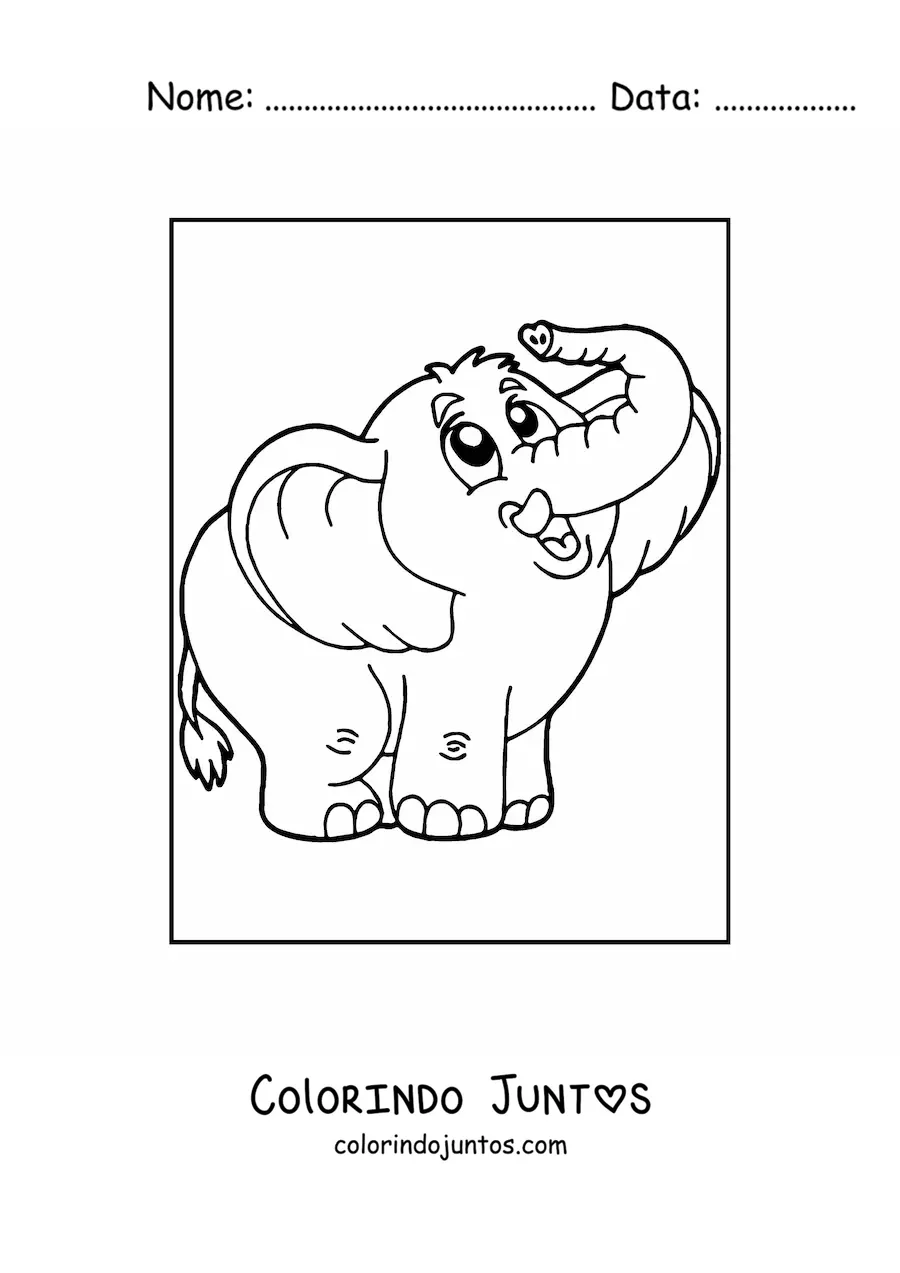 Desenho para colorir de um elefante fofo com a tromba dobrada para cima