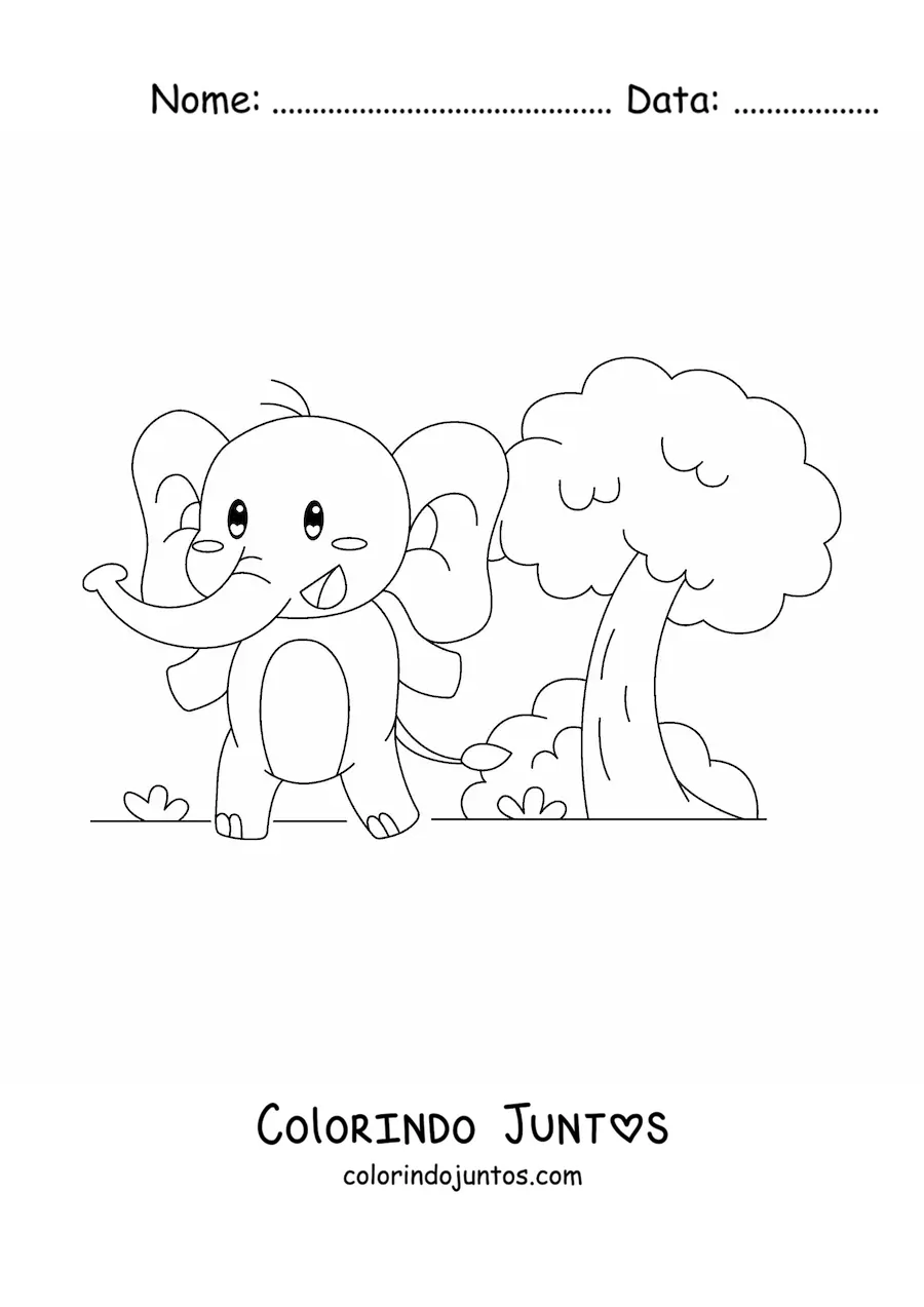 Desenho para colorir de um elefante kawaii animado em pe sobre duas patas em uma paisagem com arvores