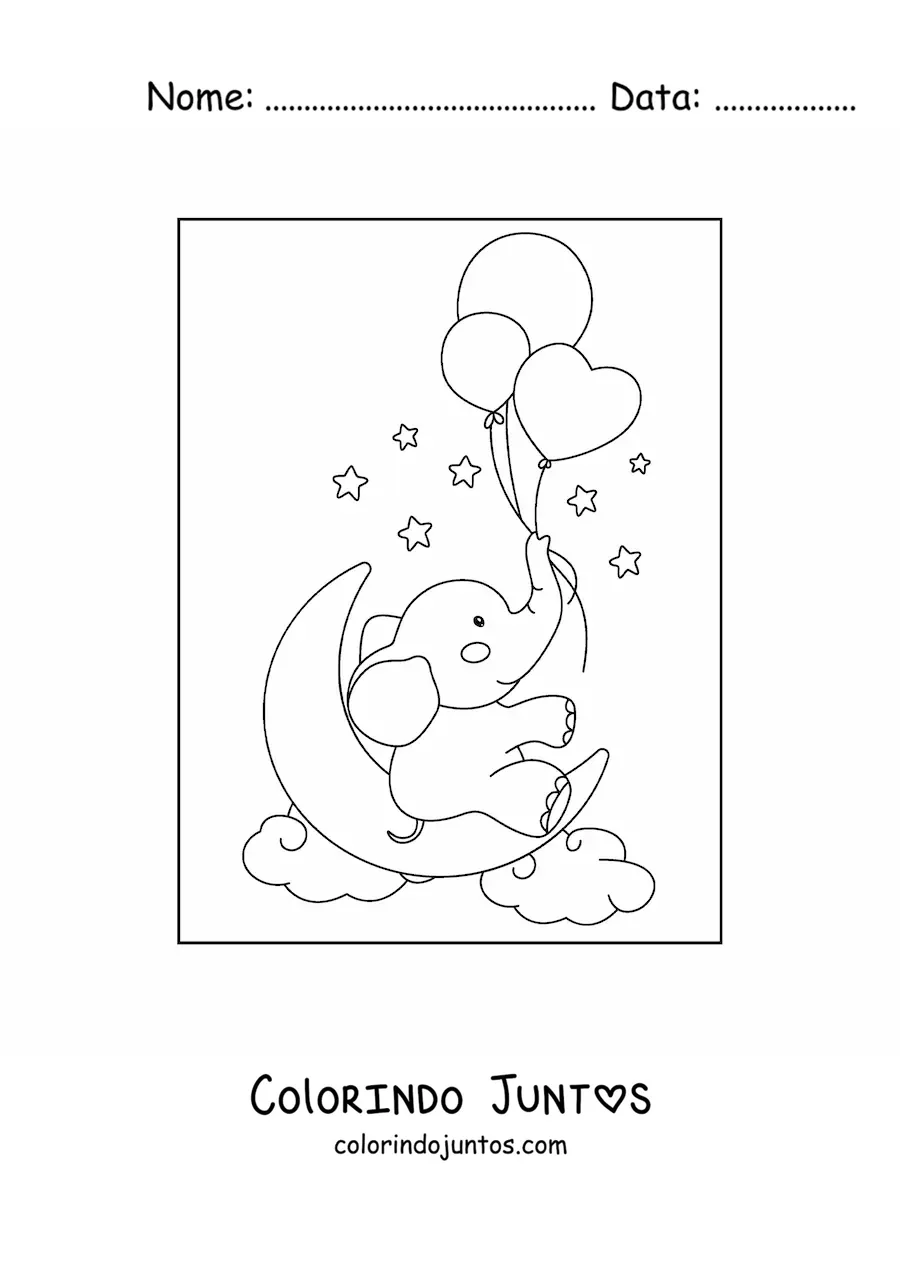 Desenho para colorir de um elefante bebe kawaii sentado em uma meia lua no ceu segurando baloes de coracao com a tromba