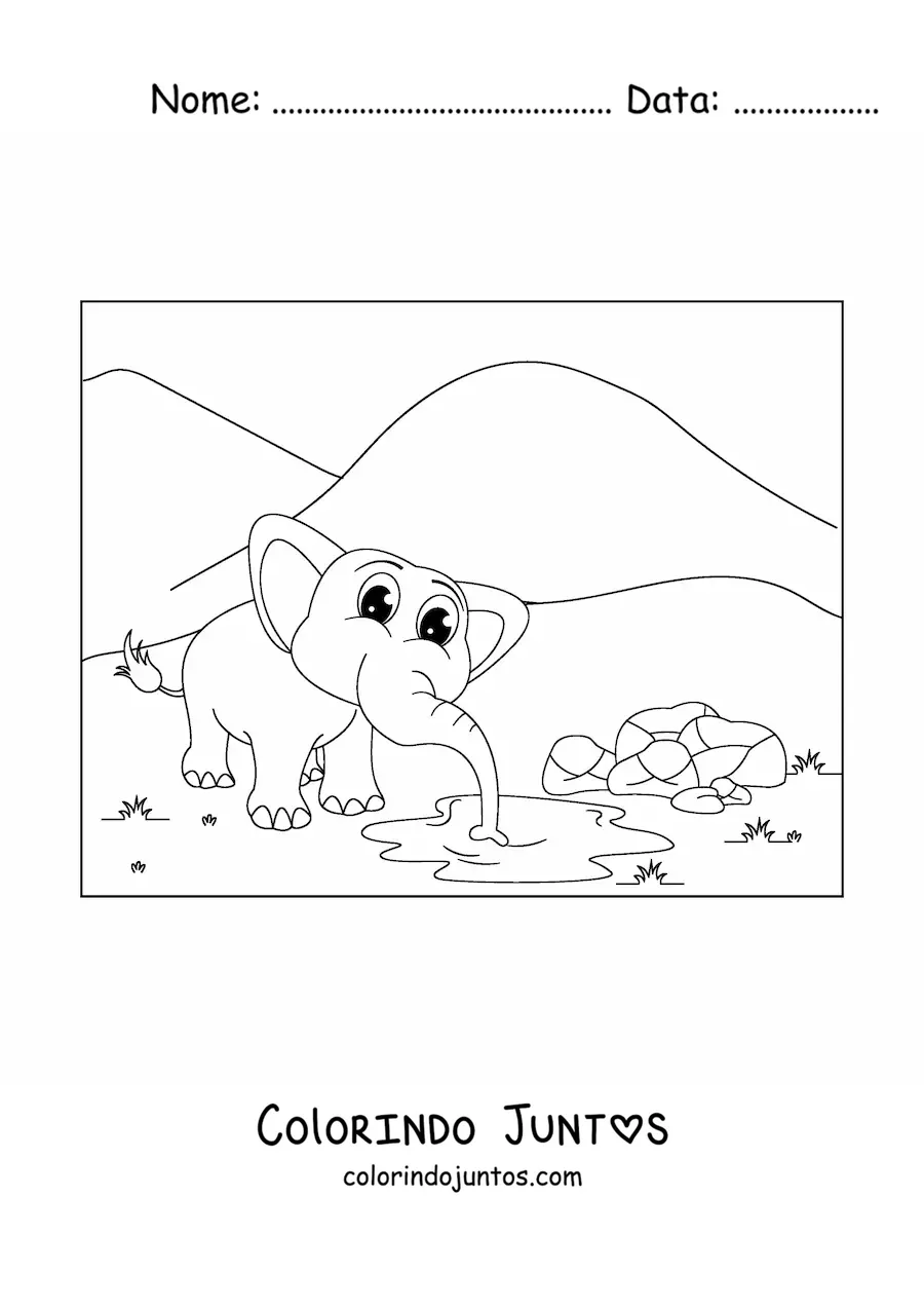 Desenho para colorir de um desenho de um elefante fofo bebendo agua de uma poca na savana