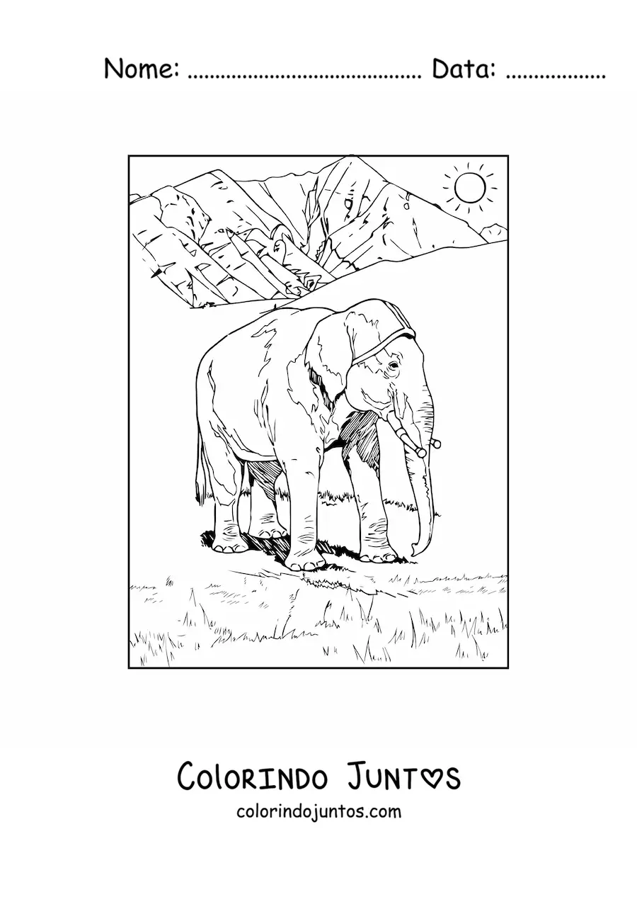 Desenho para colorir de um elefante realista em um dia ensolarado na savana