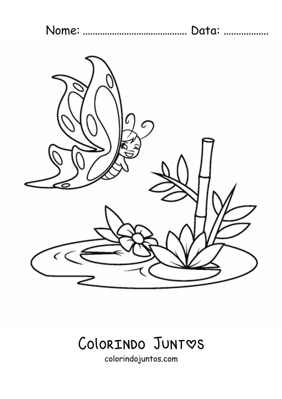 Desenho para colorir de uma borboleta animada voando perto de flores de nenufar