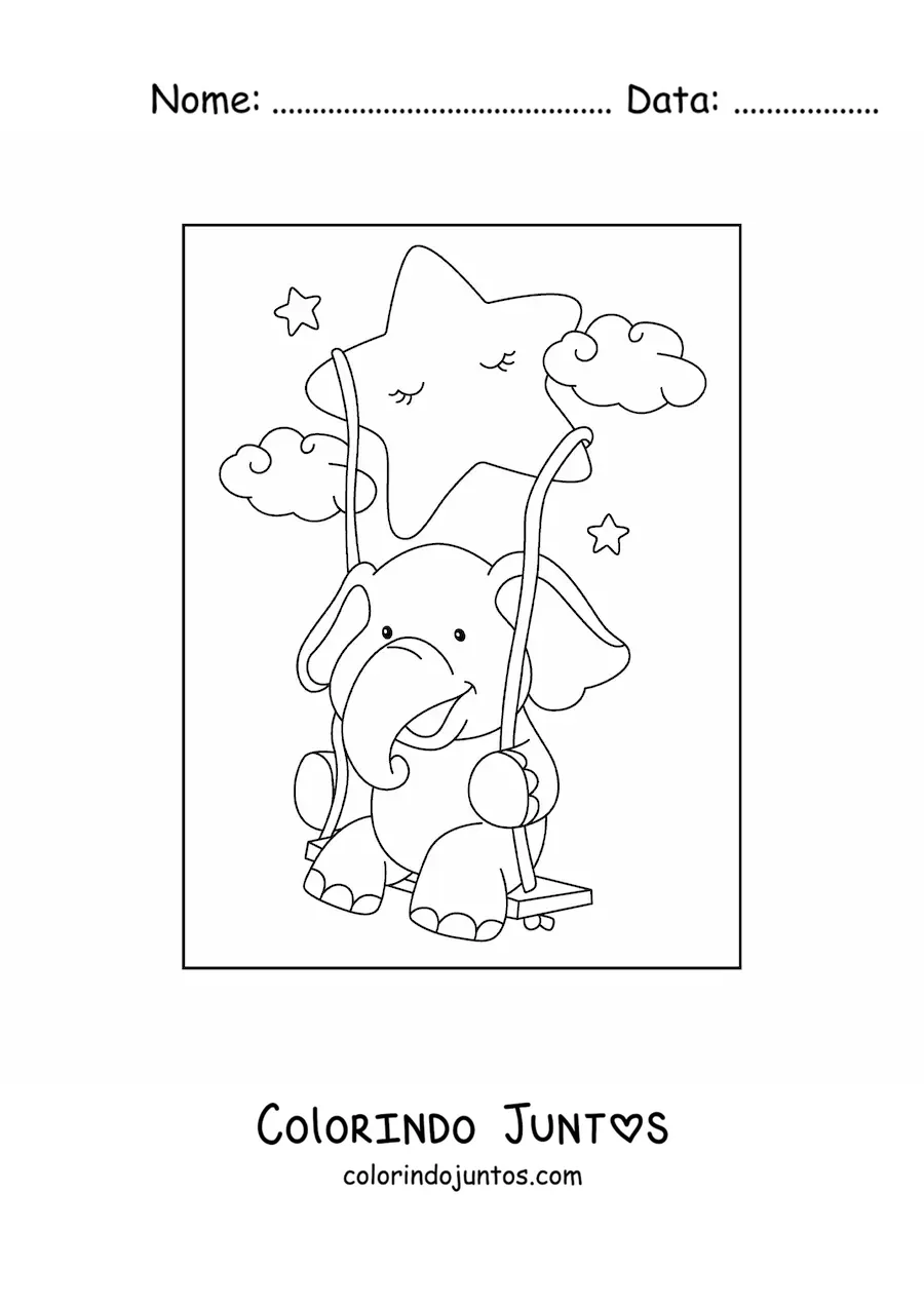Desenho para colorir de um elefante kawaii sentado em um balanco pendurado em uma estrela animada
