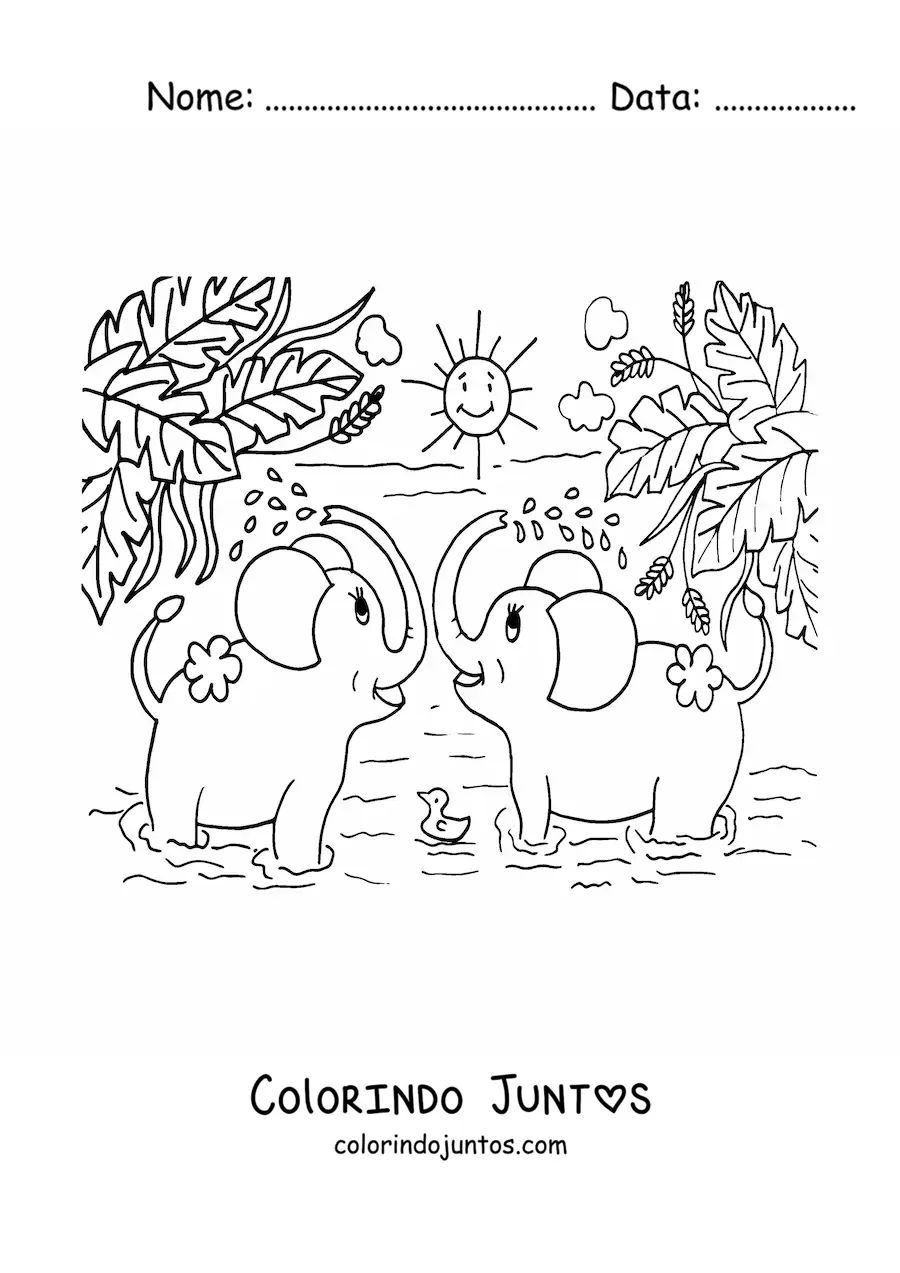 Desenho para colorir de um casal de elefantes animados tomando banho na selva em um dia ensolarado