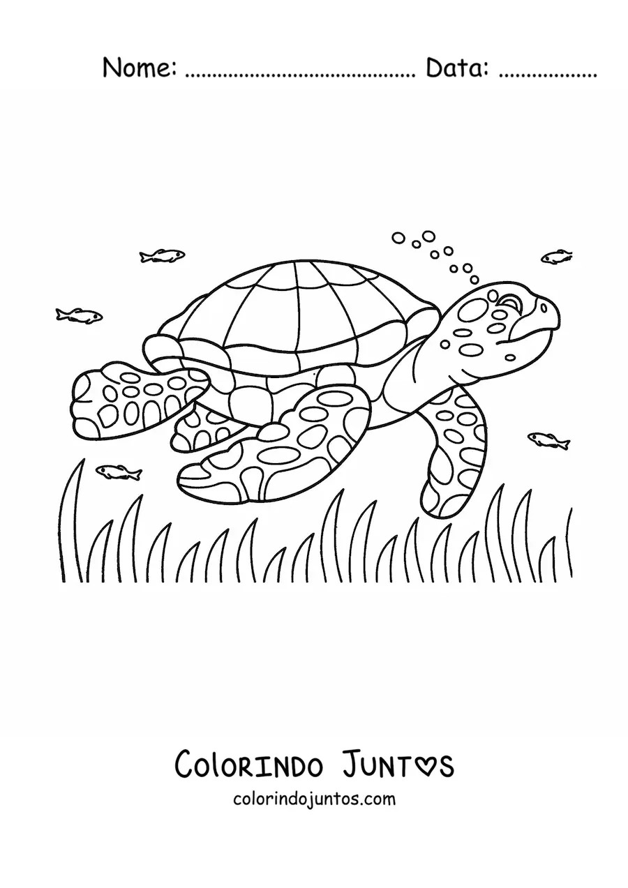 Desenho para colorir de uma tartaruga marinha realista nadando entre peixes no mar
