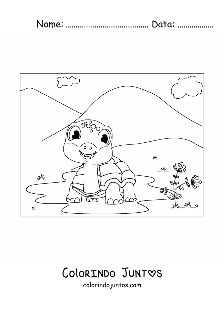 Desenho para colorir de uma tartaruga terrestre animada sorridente em uma poca numa paisagem de montanhas