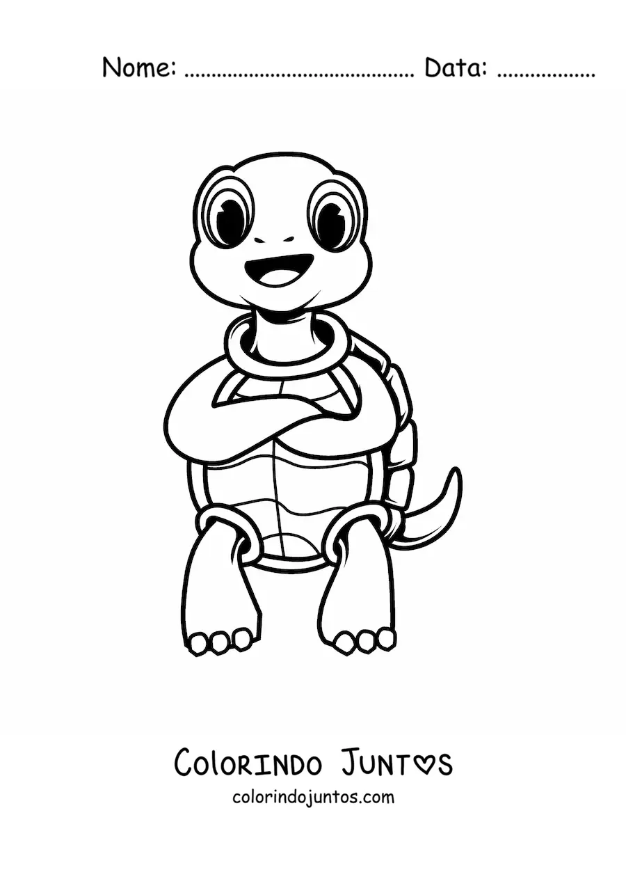 Desenho para colorir de uma tartaruga animada em duas patas com os bracos cruzados