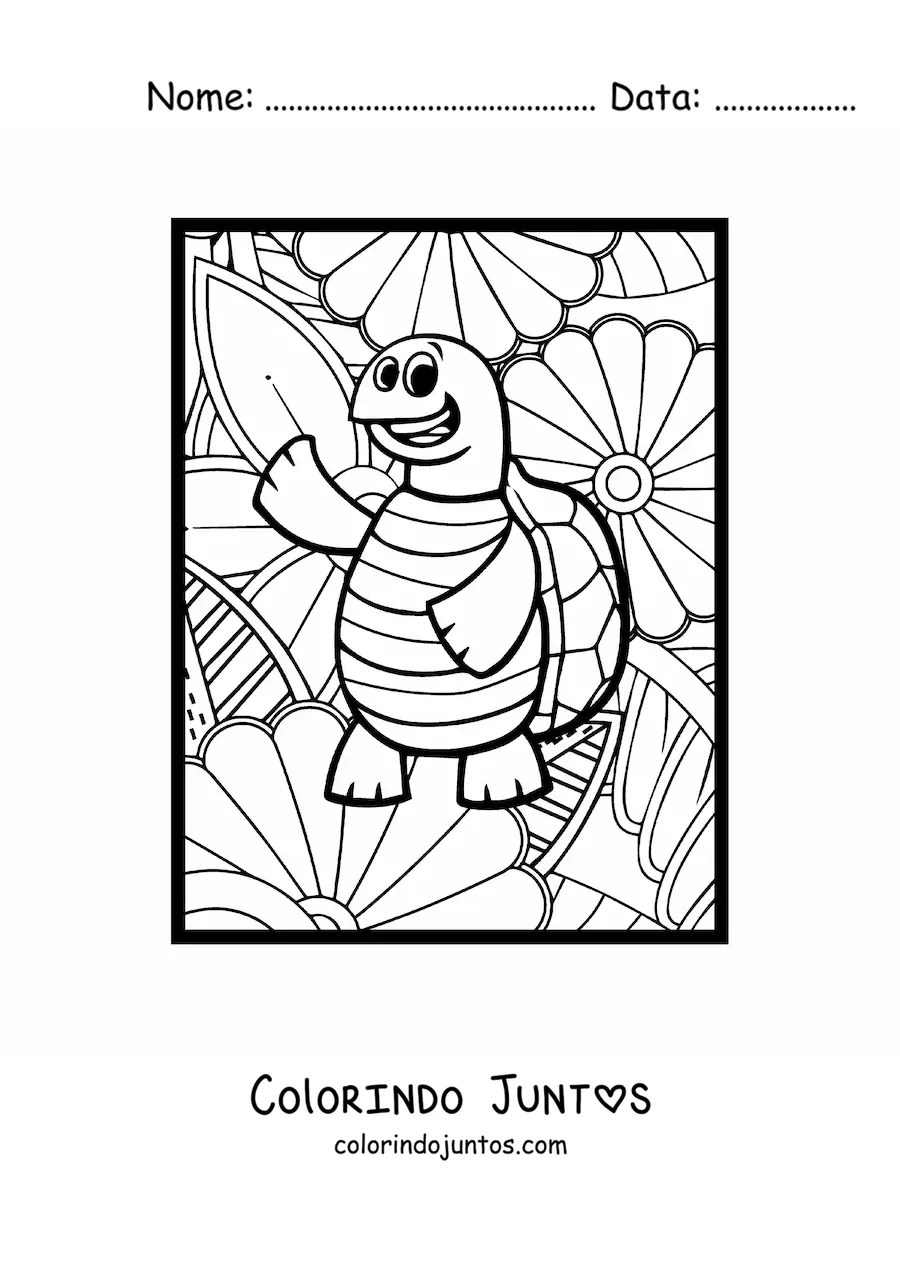 Desenho para colorir de um desenho de uma tartaruga engracada acenando com flores ao fundo