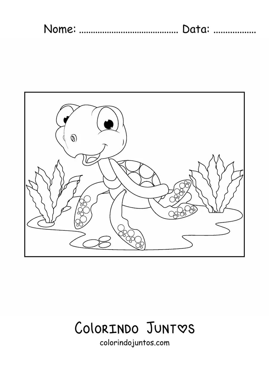 Desenho para colorir de uma tartaruga marinha animada no fundo do mar