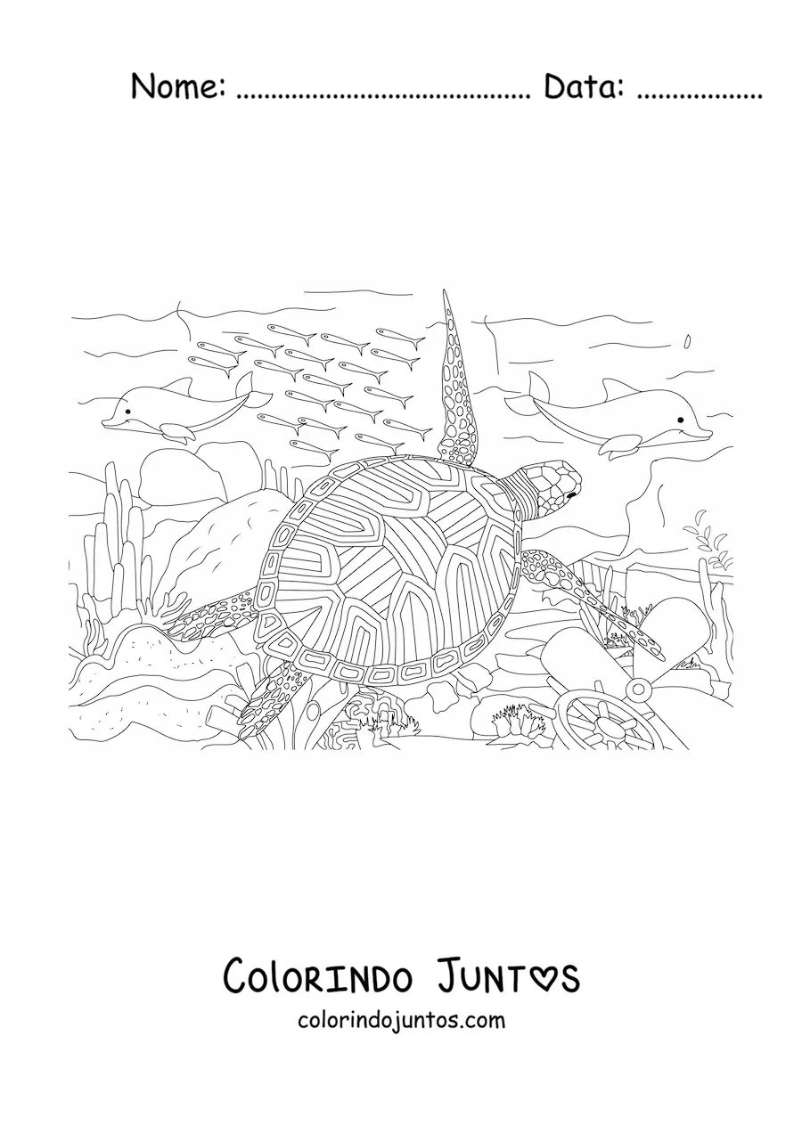 Desenho para colorir de uma tartaruga marinha realista nadando com peixes no fundo do mar