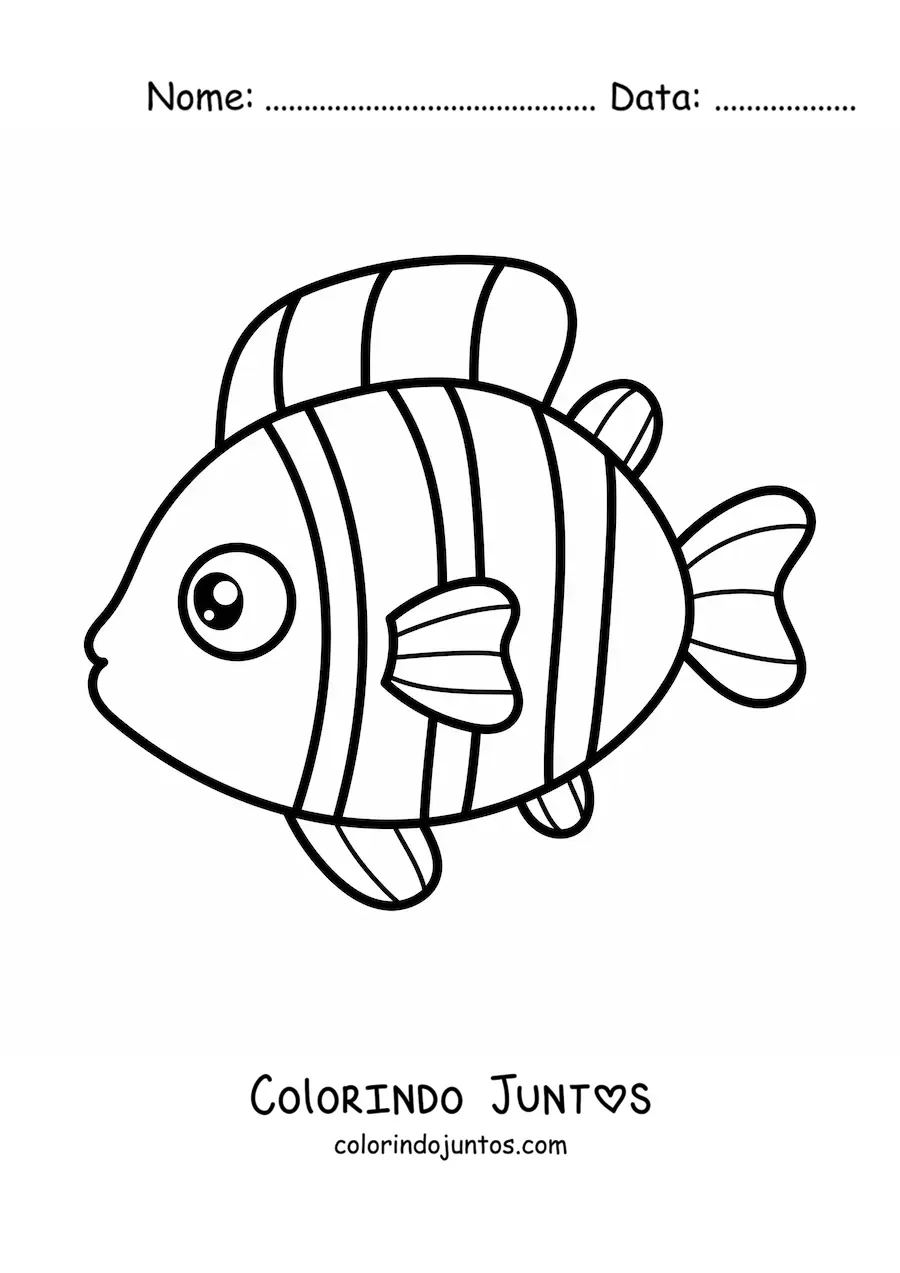 Desenho para colorir de um peixe-palhaco kawaii de perfil para a esquerda