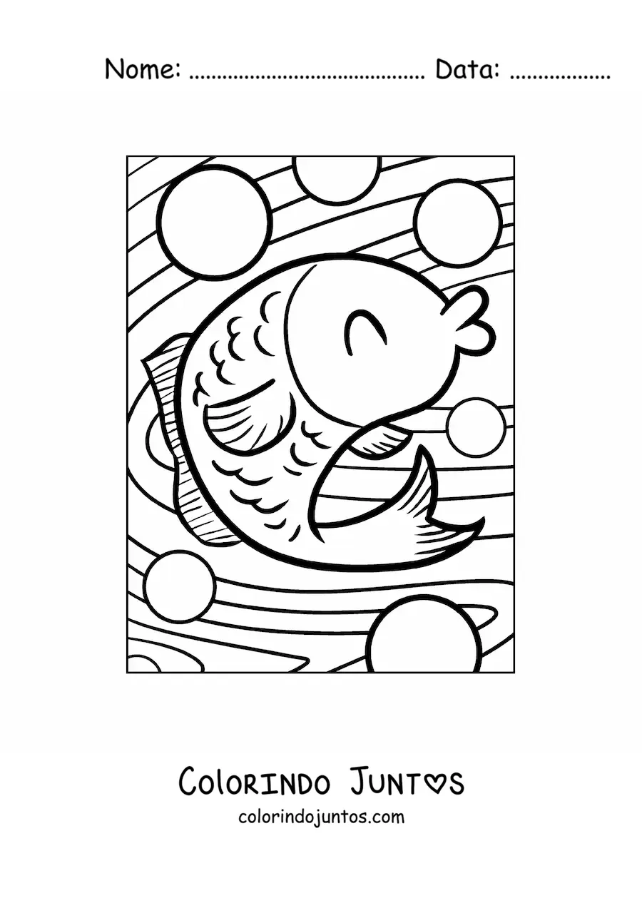 Desenho para colorir de um peixe animado feliz nadando no mar entre bolhas com os olhos fechados