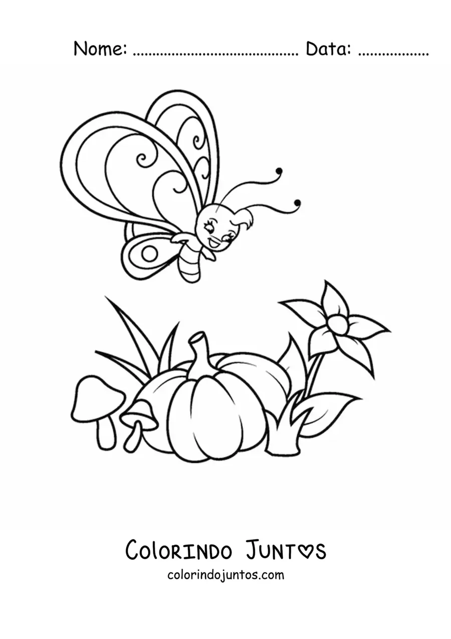 Desenho para colorir de uma borboleta animada voando perto de uma abobora