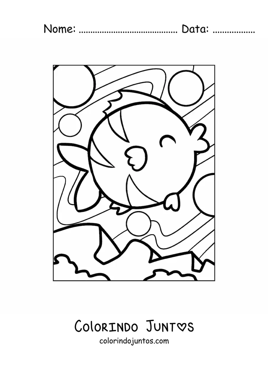 Desenho para colorir de um peixe animado feliz nadando entre bolhas na agua